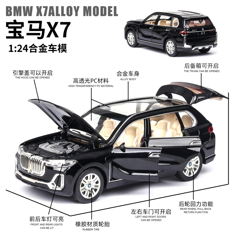 X7 High Simulation 1:24 SUV Sound Light Alloy Car Model Toy for Kids black - Image 3