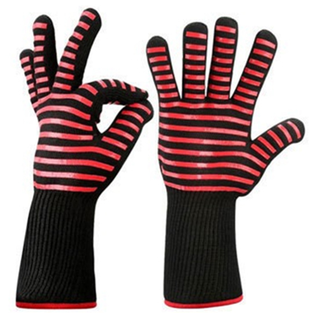 BBQ Grilling Cooking Gloves Extreme Heat Resistant Oven Welding Kitchen Tool Red horizontal stripes_33CM - Image 2