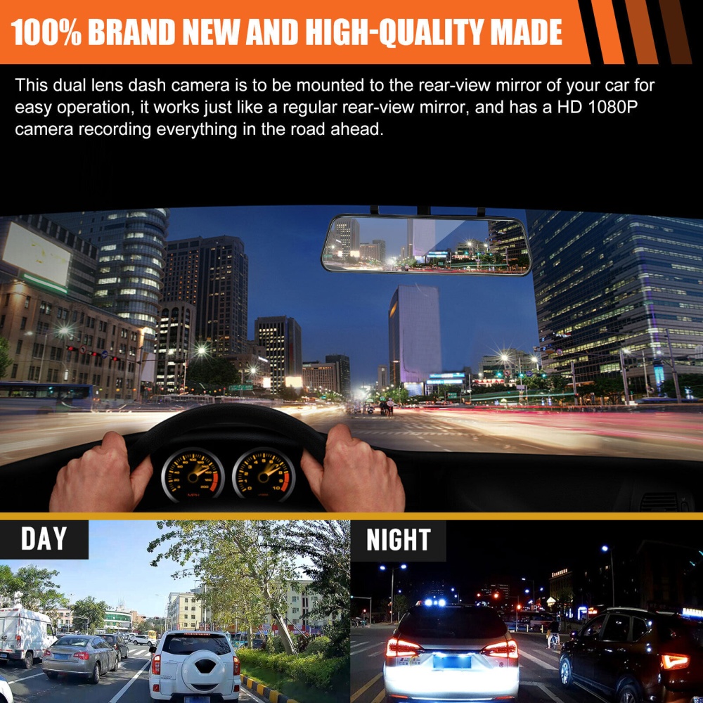 Car Dvr Dash Cam 10 inch Full-Screen Dual-Lens Video Recorder Night Vision G-Sensor Black - Image 3