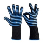 BBQ Grilling Cooking Gloves Extreme Heat Resistant Oven Welding Kitchen Tool Blue horizontal stripes_33CM