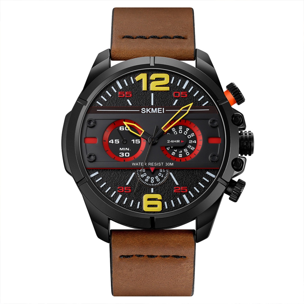 SKMEI Men Sports Watch Large Dial Waterproof Quartz Retro Leather Watchband Wrist For brown band black dial - Image 2