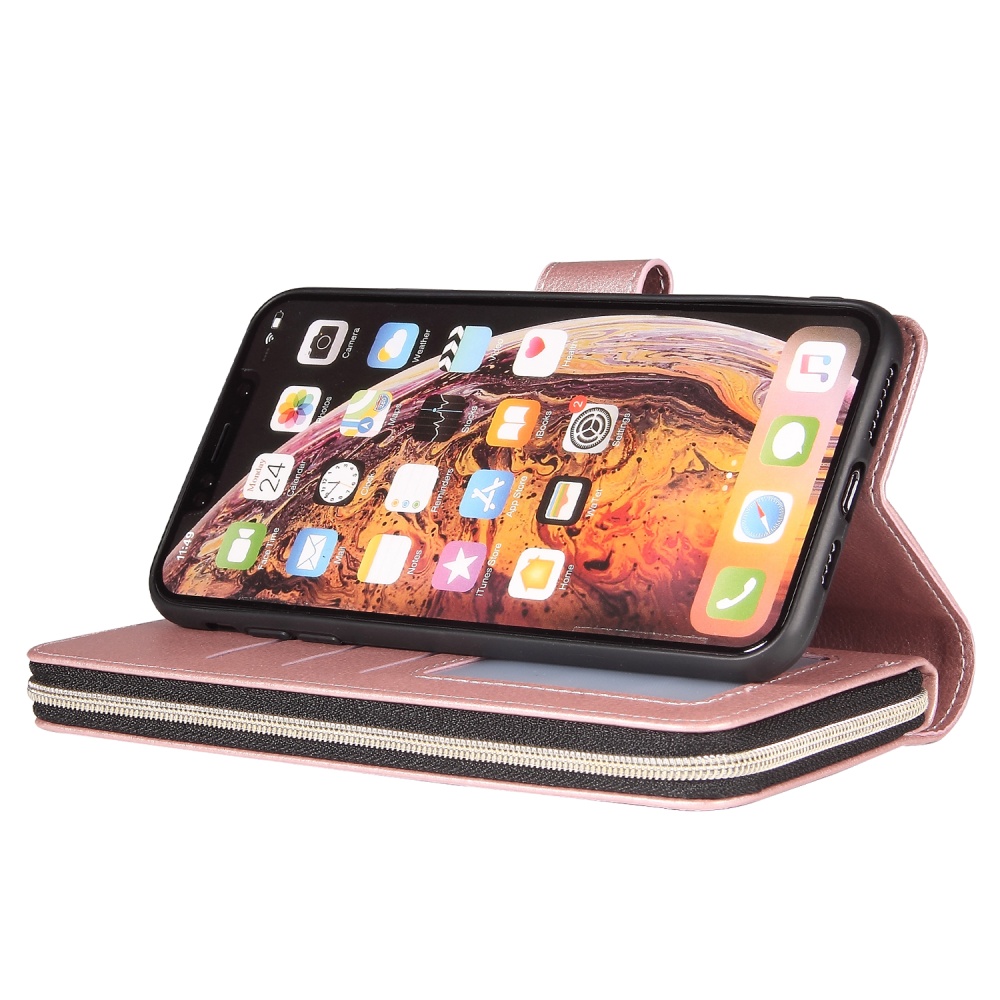 For iphone X/XS/XS MAX/11/11Pro Pu Leather Mobile Phone Cover Zipper Card Bag + Wrist Strap Rose gold - Image 3