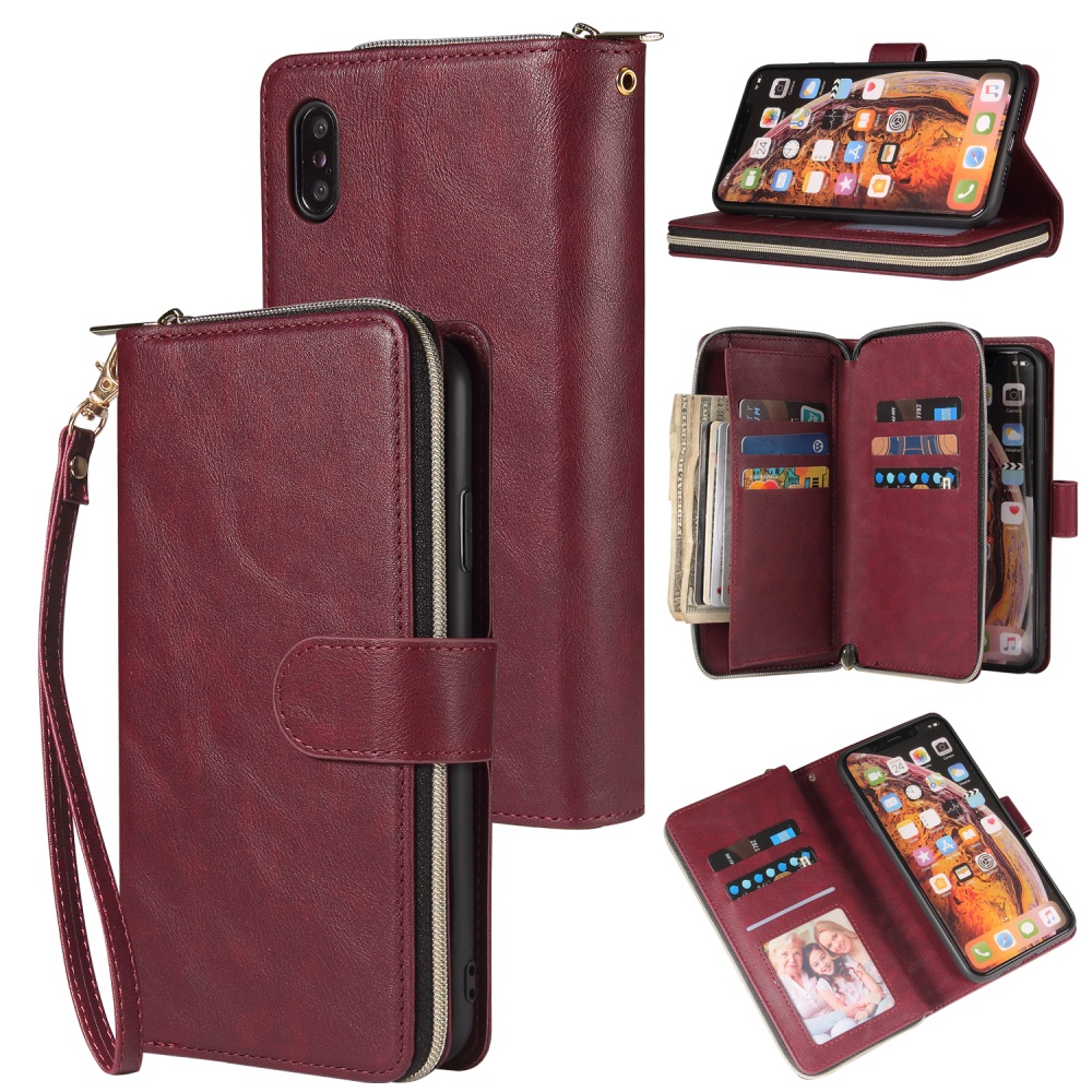 For iphone X/XS/XS MAX/11/11Pro Pu Leather Mobile Phone Cover Zipper Card Bag + Wrist Strap Red wine - Image 3