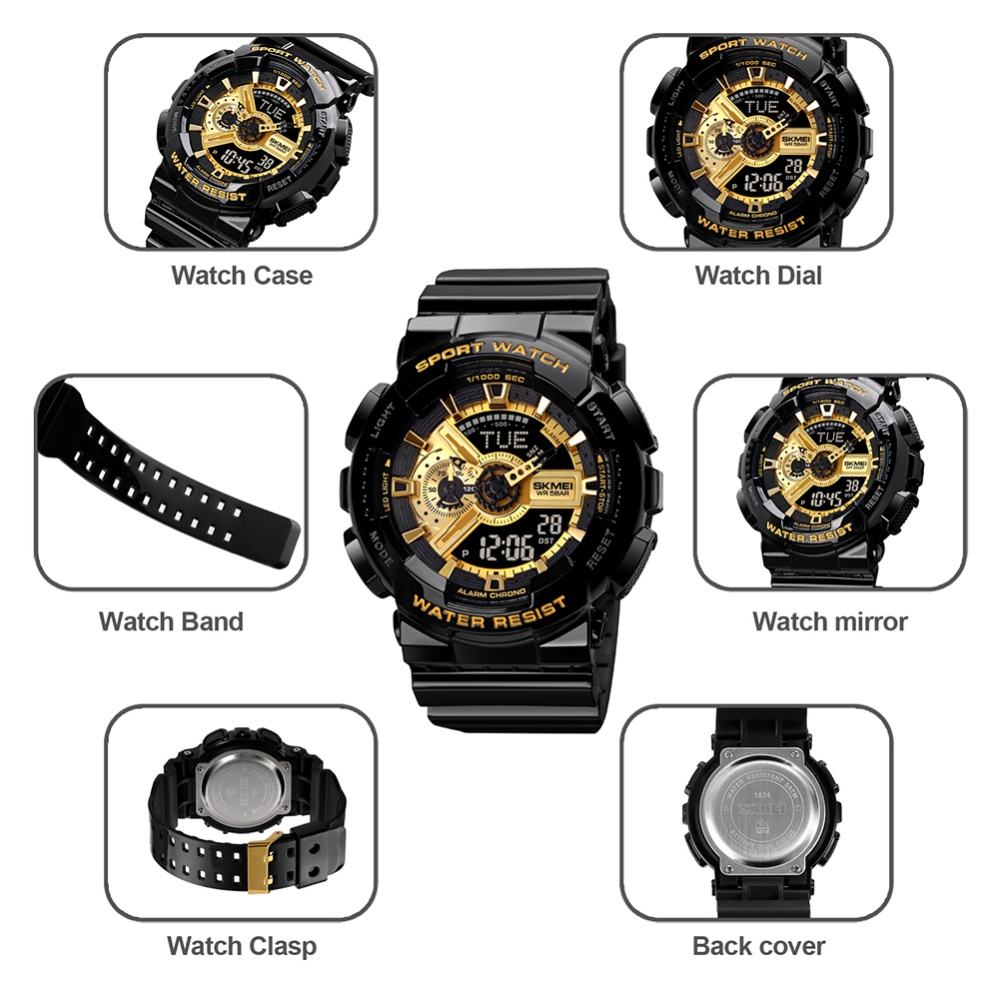 SKMEI Men Women Electronic Watches Stopwatch Timing Multi-functional Led Luminous Waterproof Sports Wristwatch black gold_small - Image 3