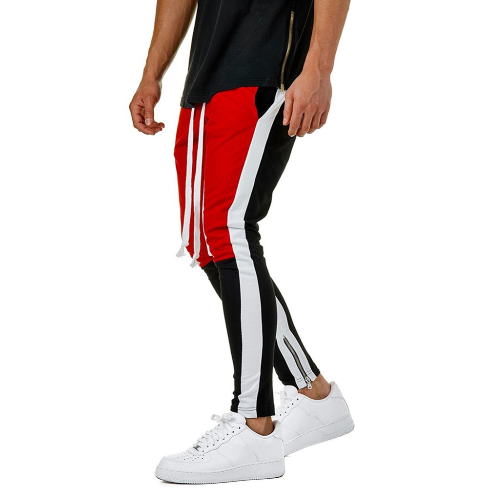 Men's Hip Hop Casual Side Zipper Drawstring Color Block Track Pants Reddish black_3XL - Image 2