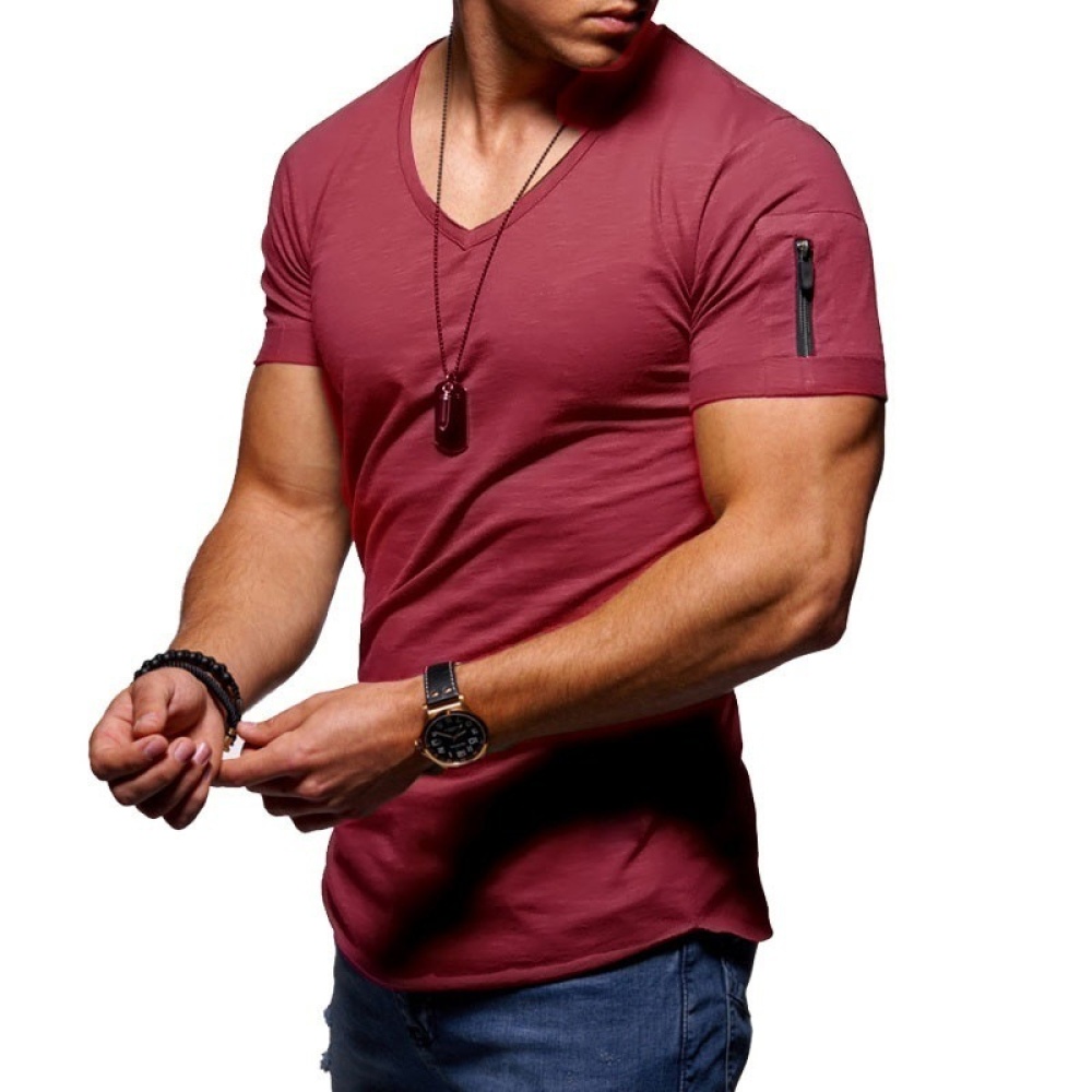 Men Youth Solid Color V Collar Elastic Short Sleeve T Shirt Wine red_XL - Image 2