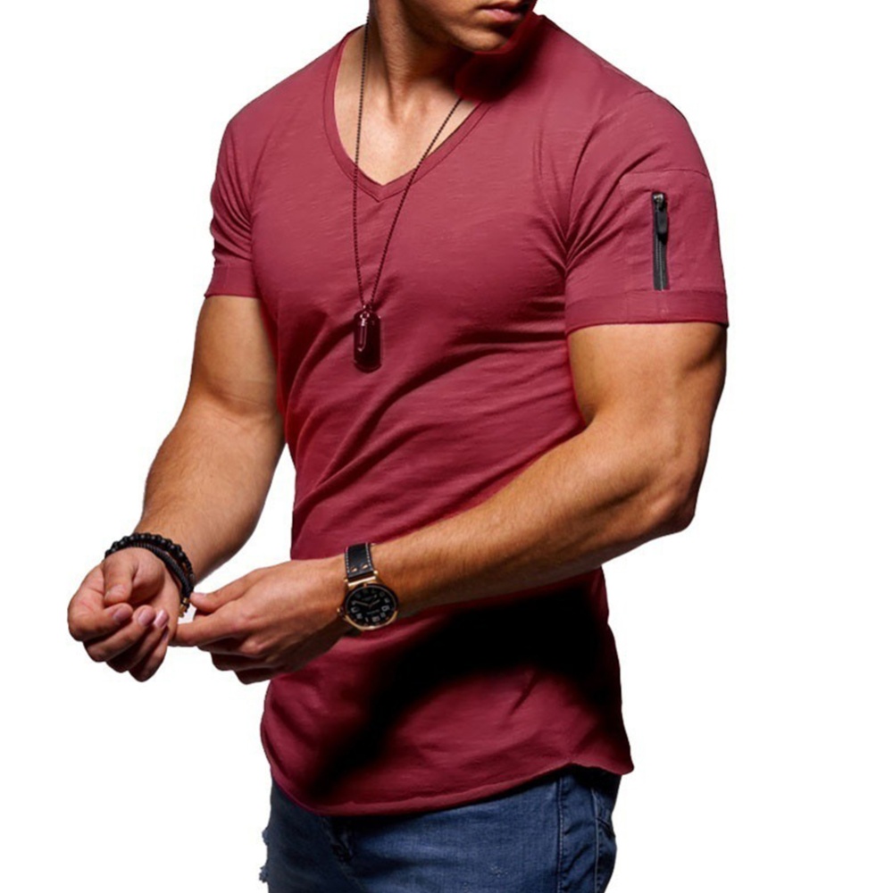 Men Youth Solid Color V Collar Elastic Short Sleeve T Shirt Wine red_XL - Image 3