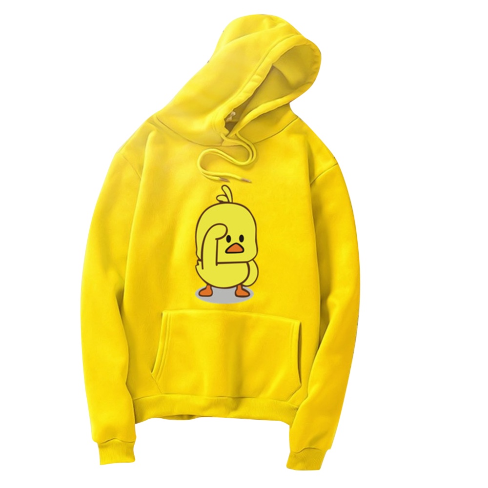 Men Women Cartoon Yellow Duck Pattern Fleece Hooded Sweatshirt gray_S - Image 2