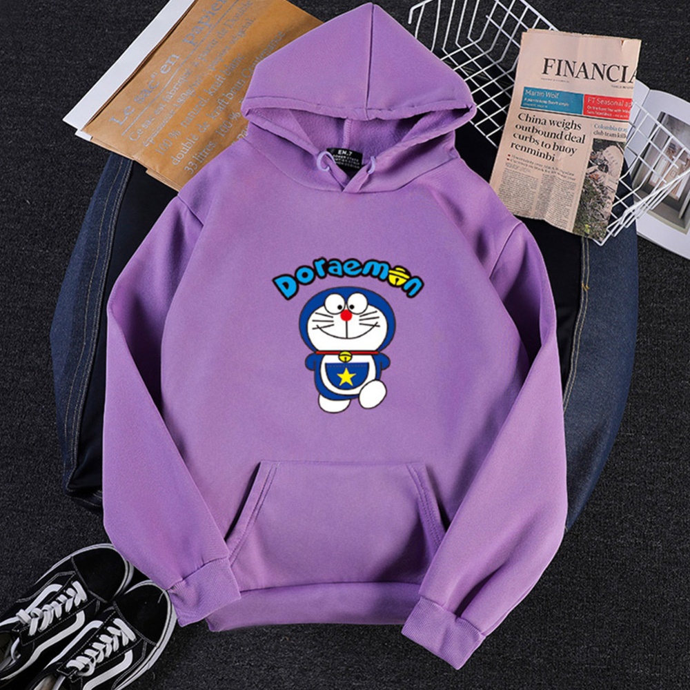 Men Women Hoodie Sweatshirt Doraemon Cartoon Thicken Loose Autumn Winter Pullover Tops Purple_S - Image 2