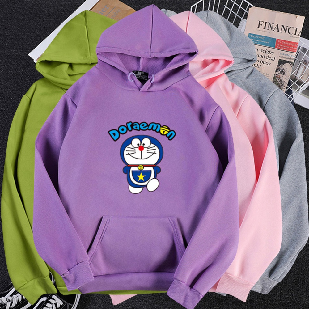 Men Women Hoodie Sweatshirt Doraemon Cartoon Thicken Loose Autumn Winter Pullover Tops Purple_S - Image 3