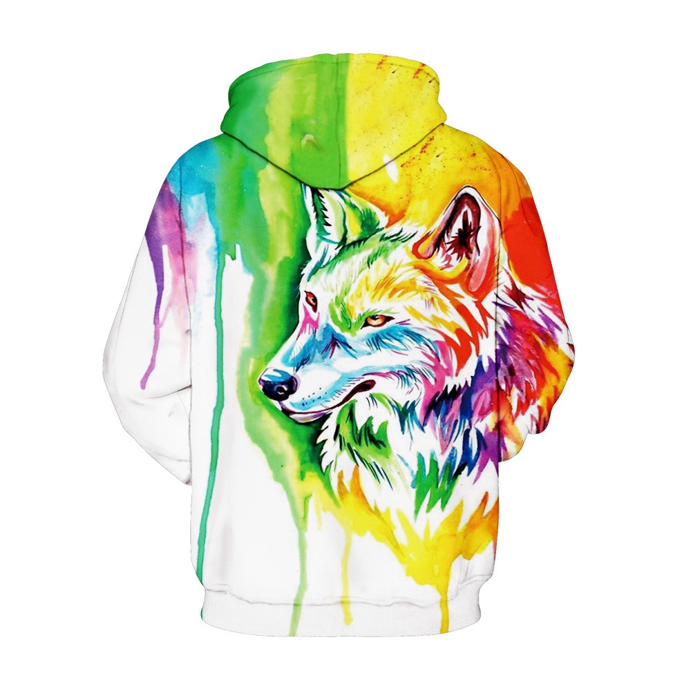 Women Men 3D Colorful Wolf Head Digital Printing Hoodie Pullover Casual Loose Sweater Tops wolf head_M - Image 2