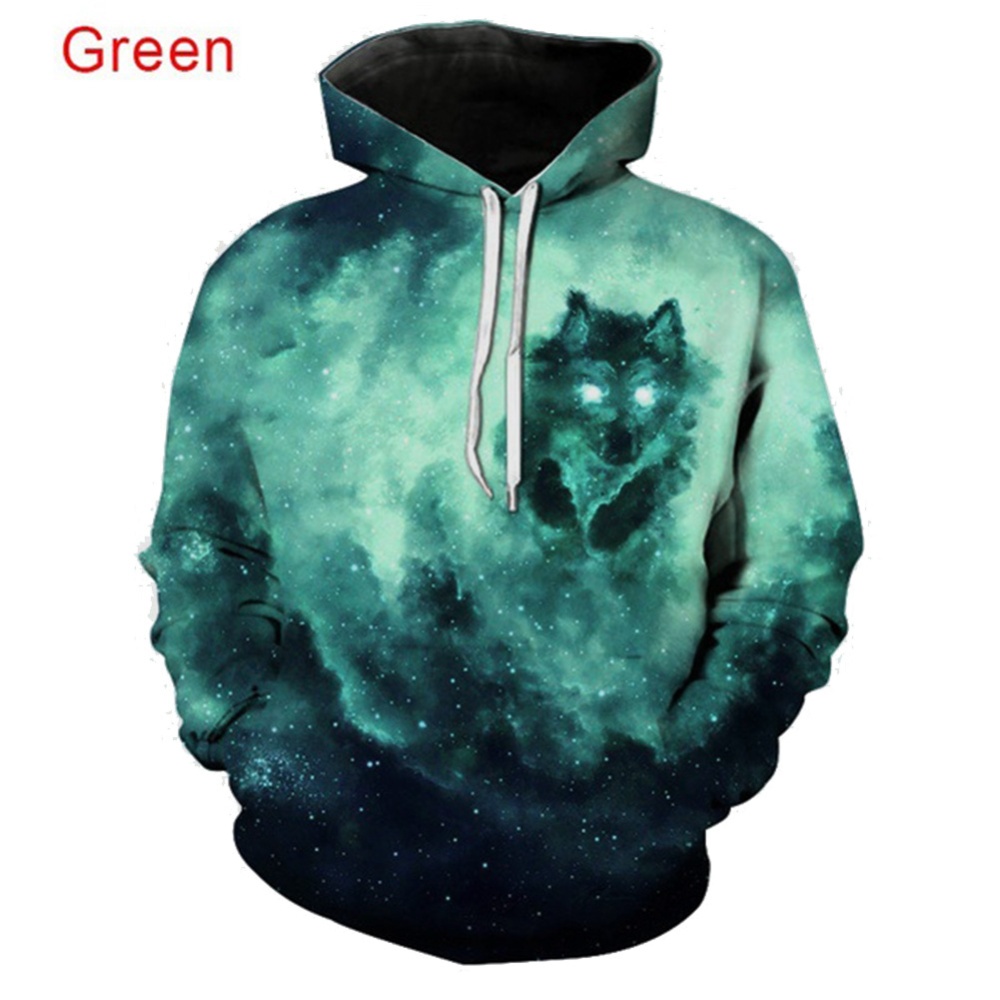 Men Women 3D Starry Green Wolf Printing Baseball Uniform Hooded Sweatshirts for Lovers Couples green_4XL
