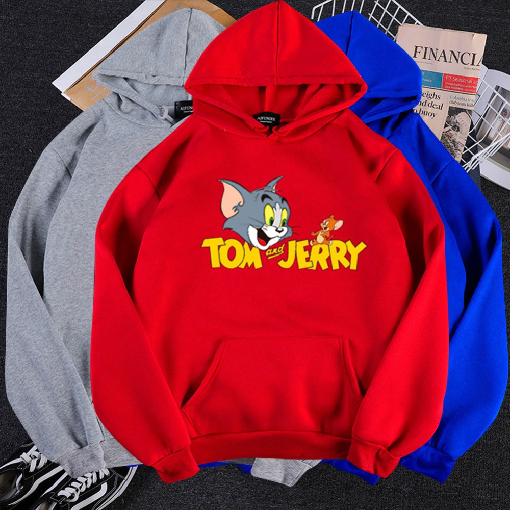 Men Women Hoodie Sweatshirt Thicken Velvet Tom and Jerry Loose Autumn Winter Pullover Tops Blue_L - Image 2