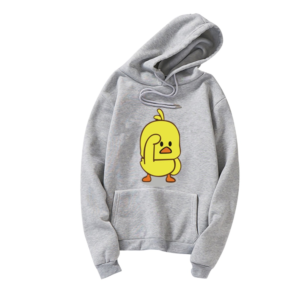 Men Women Cartoon Yellow Duck Pattern Fleece Hooded Sweatshirt gray_L