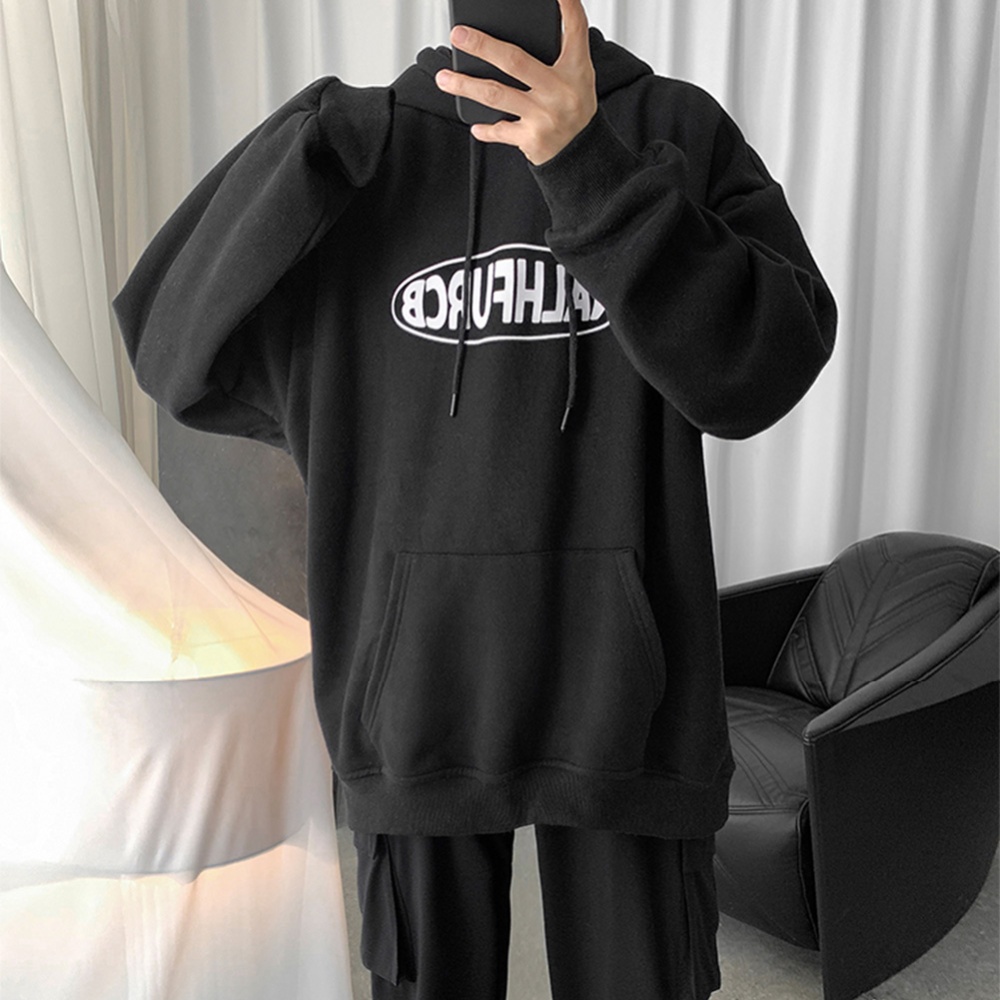 Men Women Spring Autumn Loose Letter Printing Hooded Sweatshirt Black 372_L - Image 3