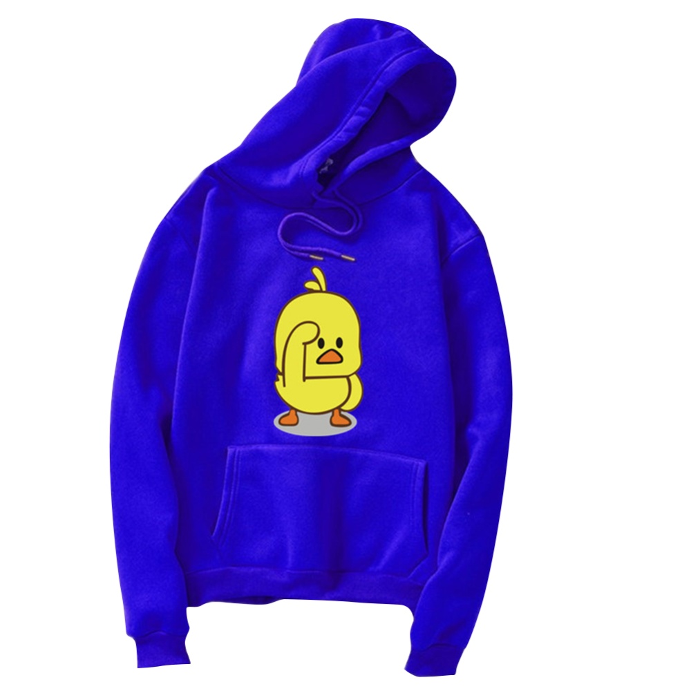 Men Women Cartoon Yellow Duck Pattern Fleece Hooded Sweatshirt blue_XL