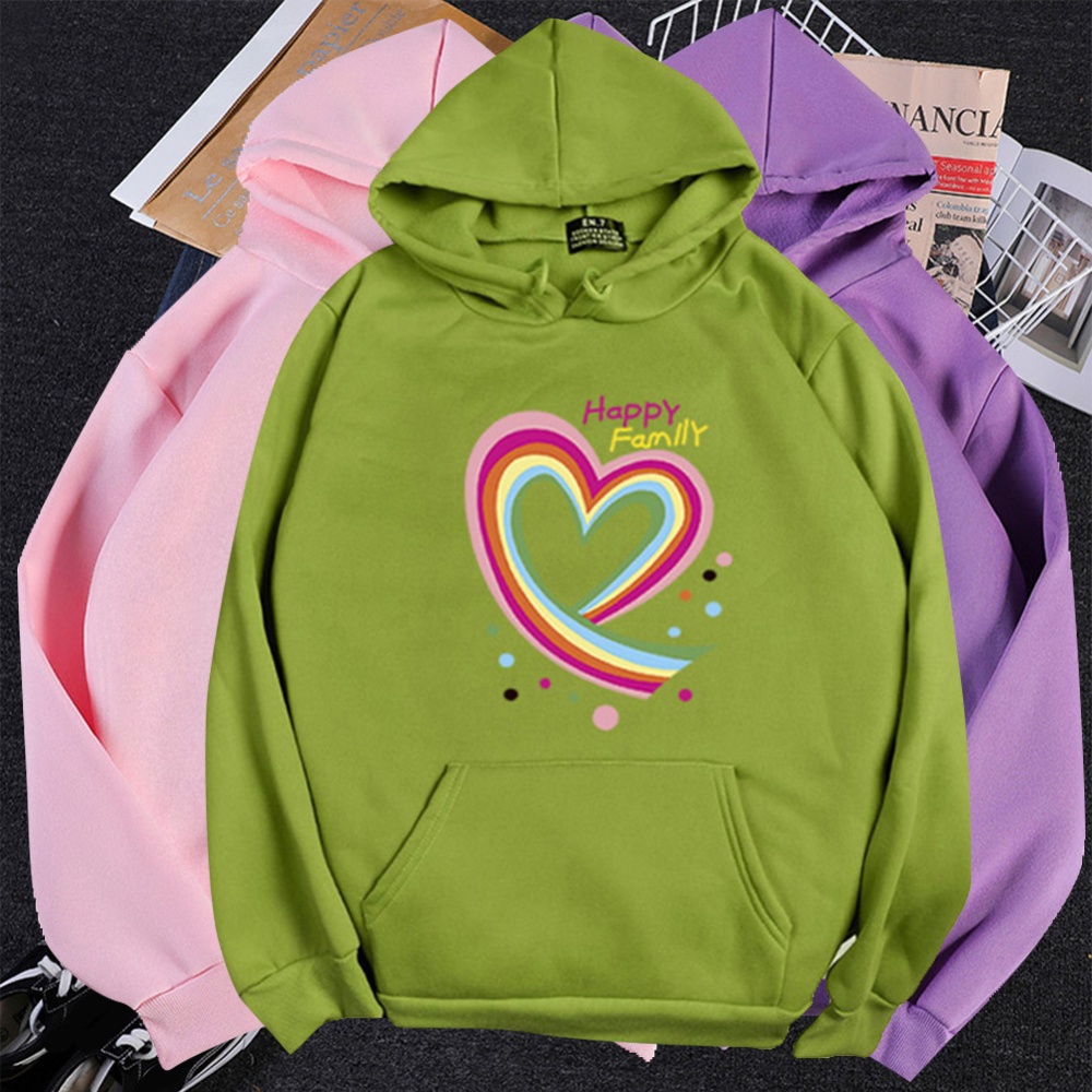 Men Women Hoodie Sweatshirt Happy Family Heart Loose Thicken Autumn Winter Pullover Tops Pink_S - Image 2