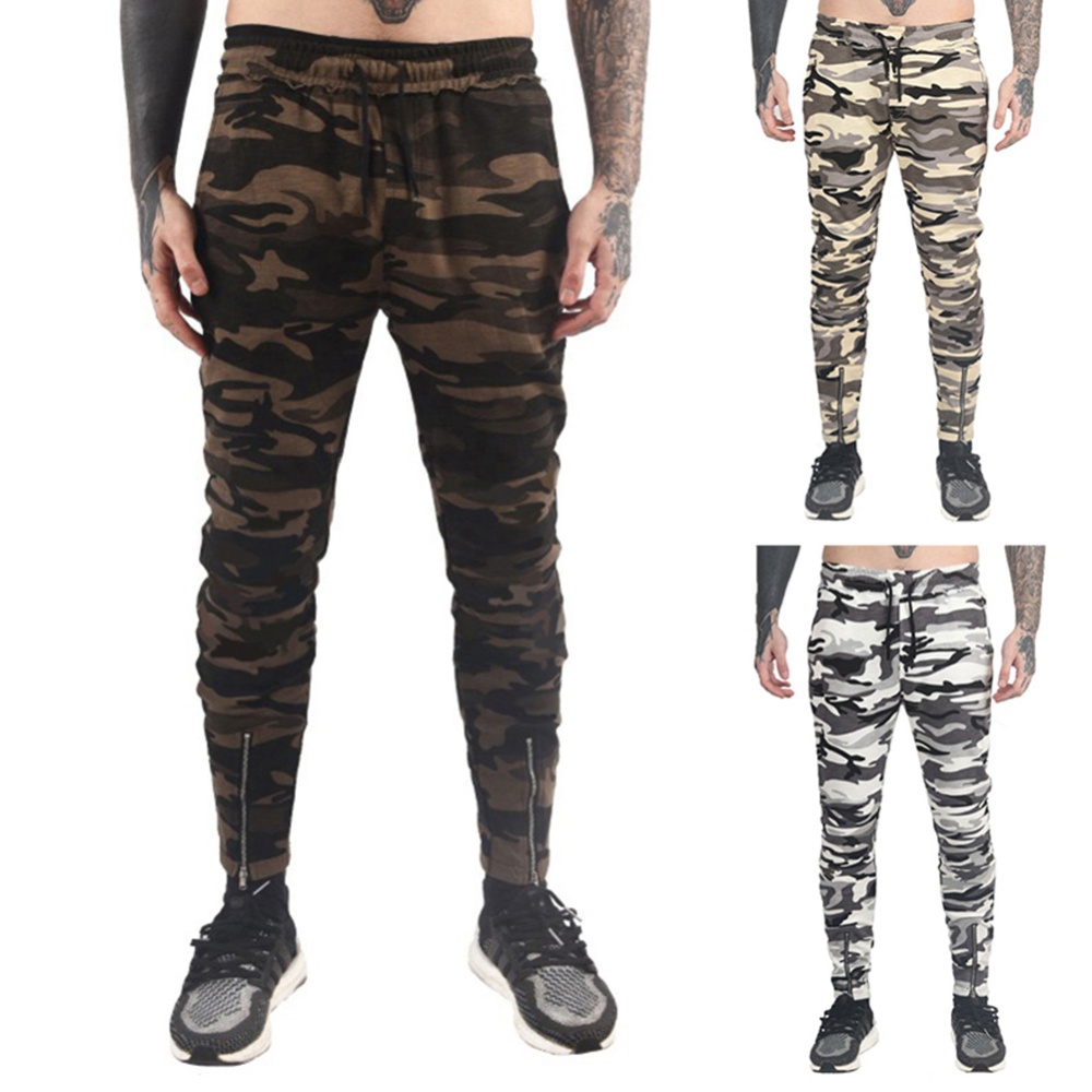 Stylish Men Camouflage Sports Trousers with Zipper Leg Opening Elastic Band Waist Long Pants Gift Green Camo_2XL - Image 2