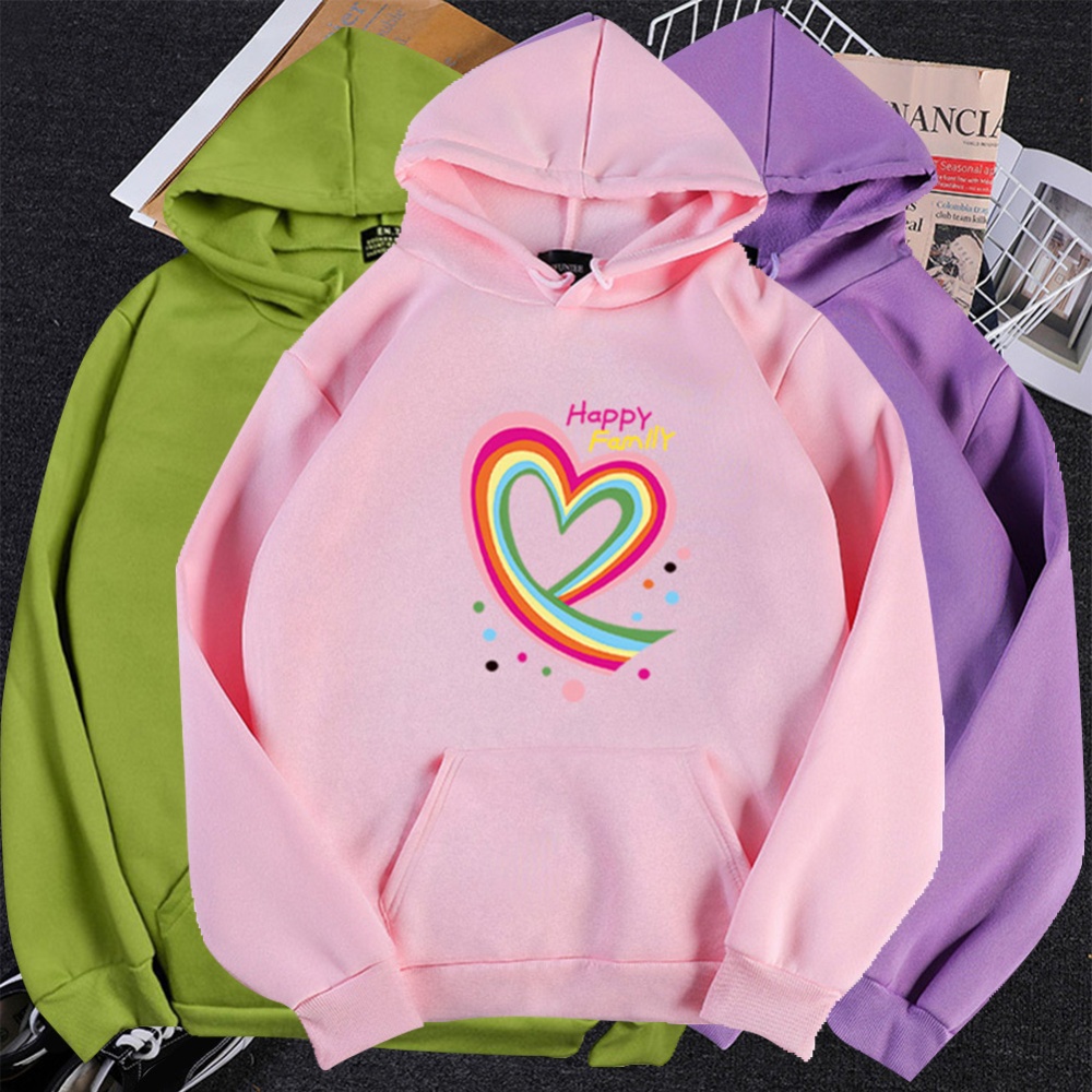 Men Women Hoodie Sweatshirt Happy Family Heart Loose Thicken Autumn Winter Pullover Tops Pink_S - Image 3