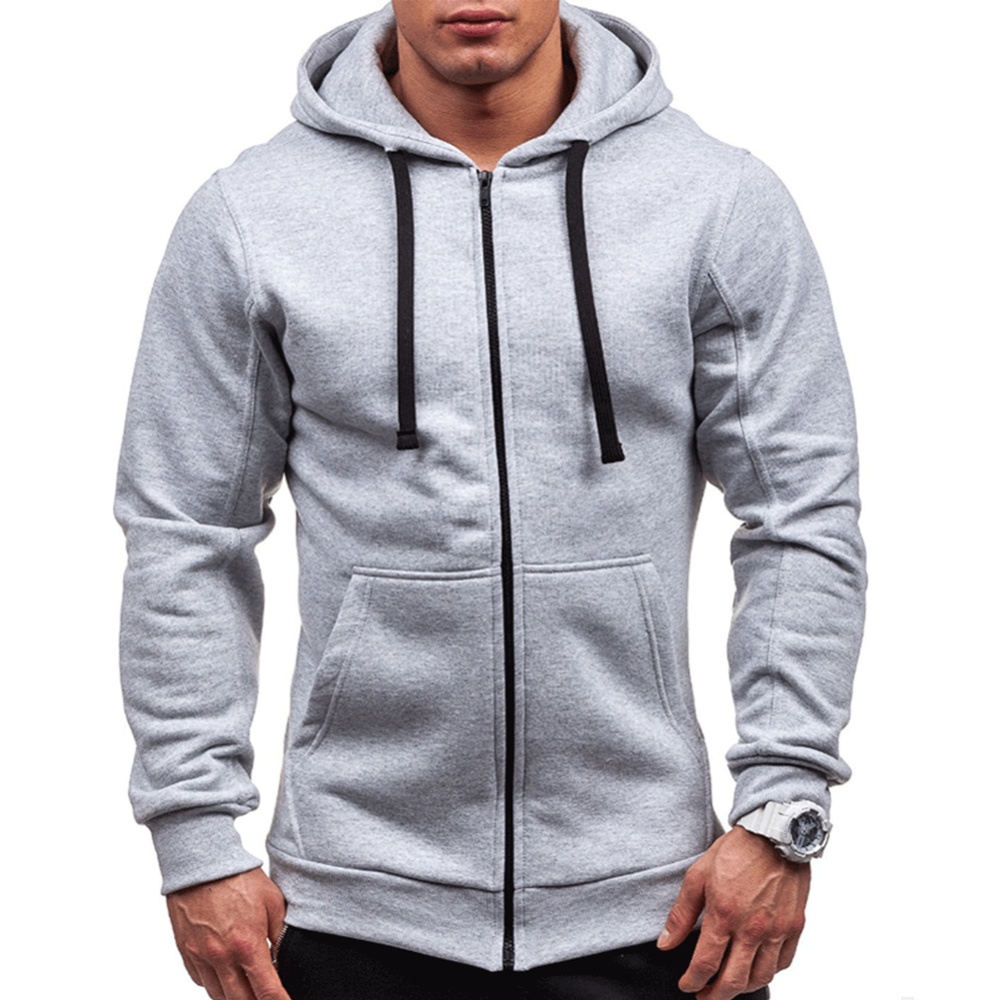 Men Warm Solid Color Zipper Slim Fleeced Hooded Sweatshirt light gray_L