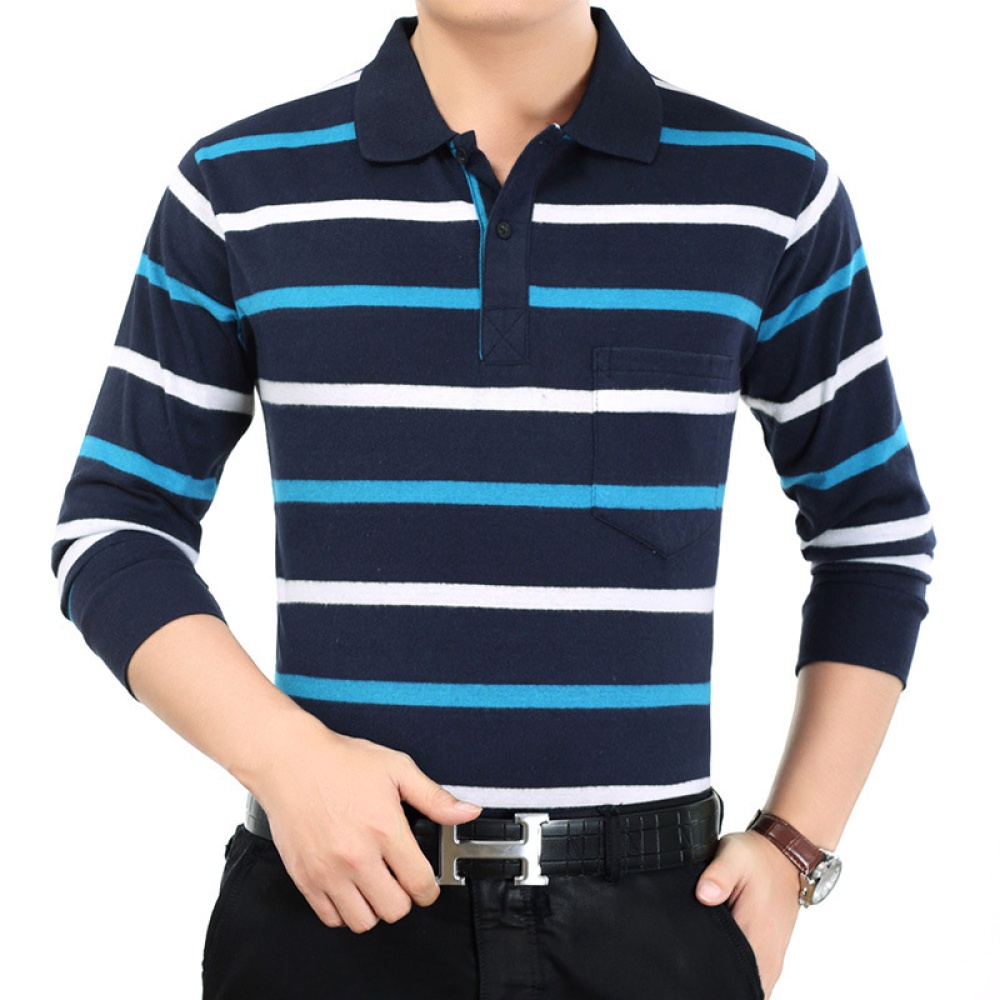 Casual Long Sleeve Business Shirts Turn-down Collar Top Male Striped Polo Shirt 25#_XXL - Image 3