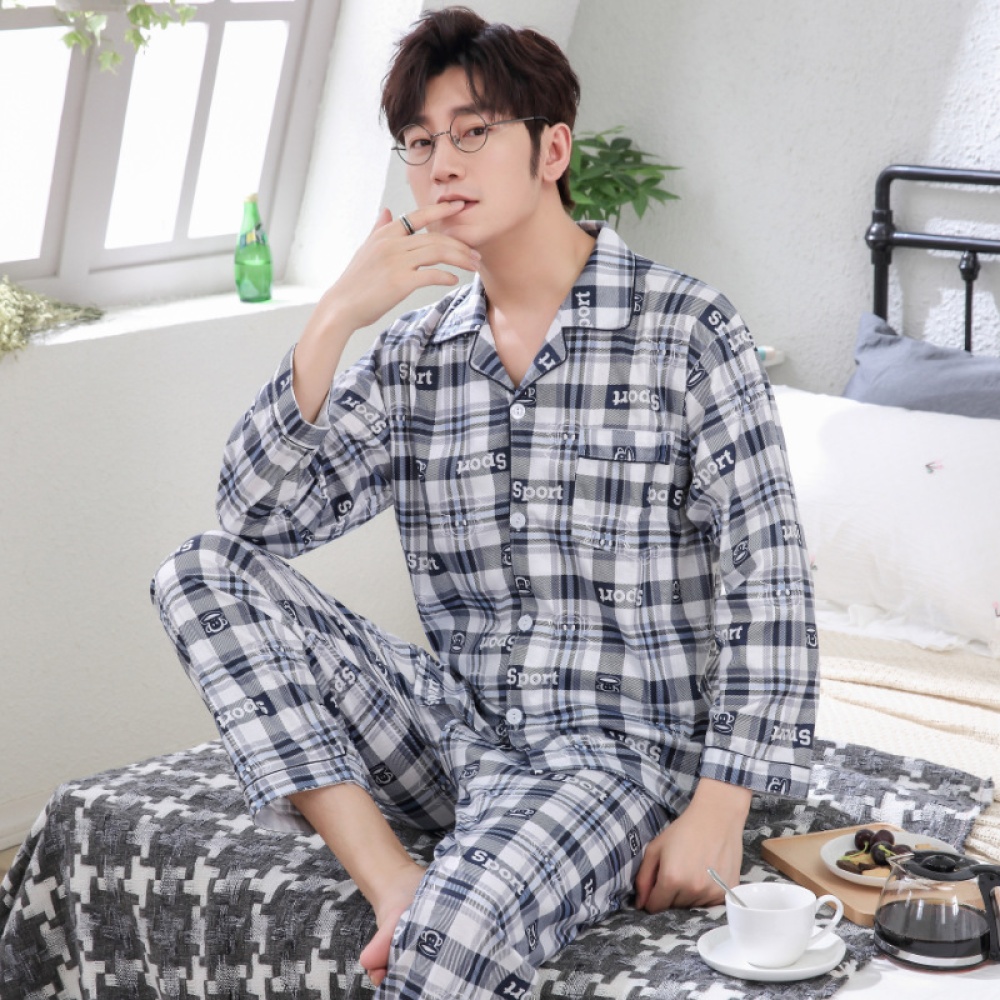 Men Winter Spring and Autumn Cotton Long Sleeve Casual Home Wear Pajamas Homewear 8819 blue_XXXL - Image 3