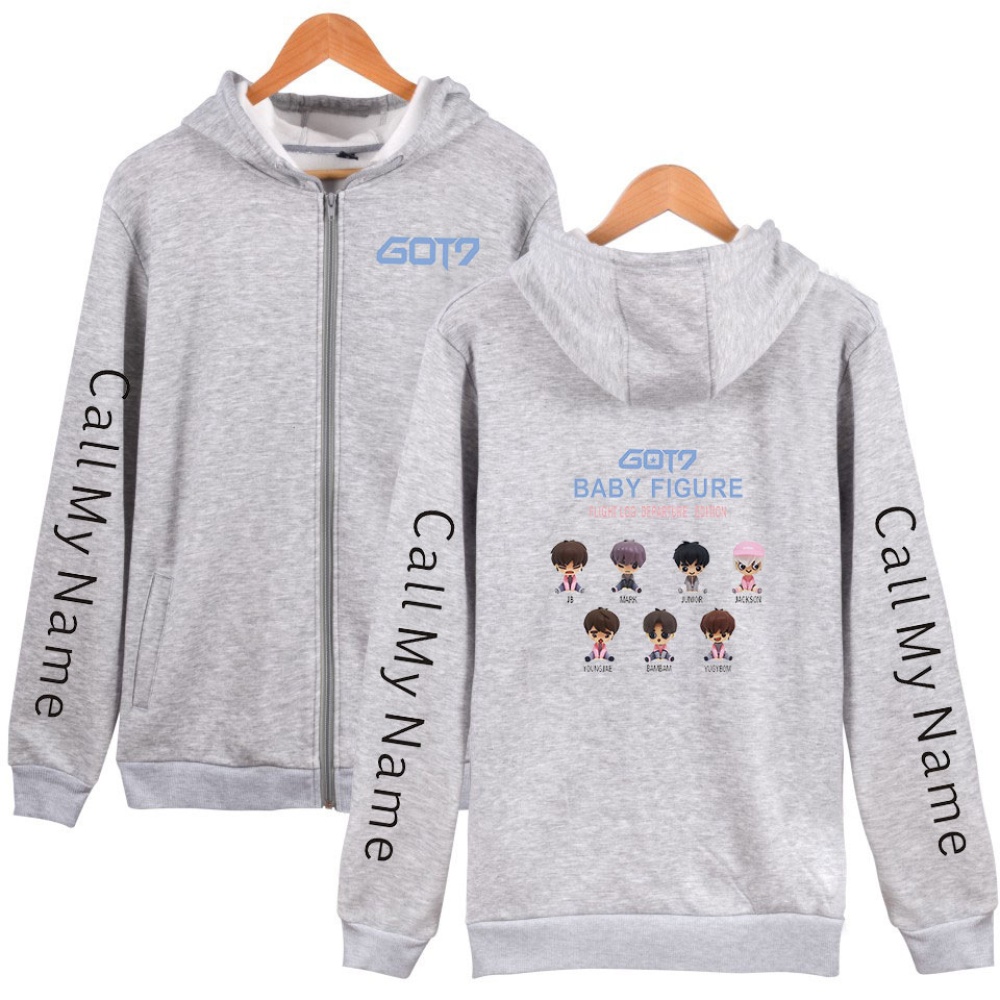 Zippered Casual Hoodie with Cartoon GOT7 Pattern Printed Leisure Top Cardigan for Man and Woman Gray B_XXXL - Image 2