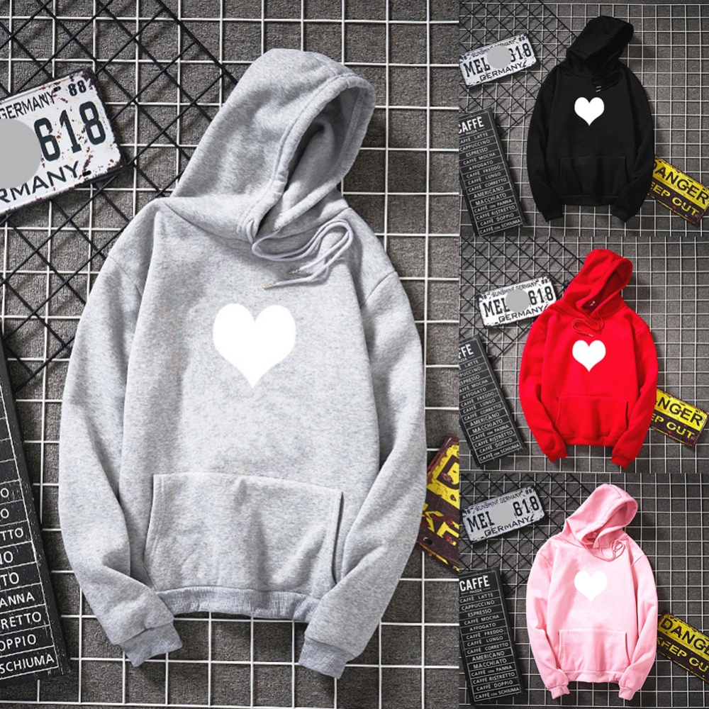 Women Men Heart-shaped Printing Loose Casual Long Sleeve Fleece Hooded Sweatshirts Pink white heart_XXL - Image 3