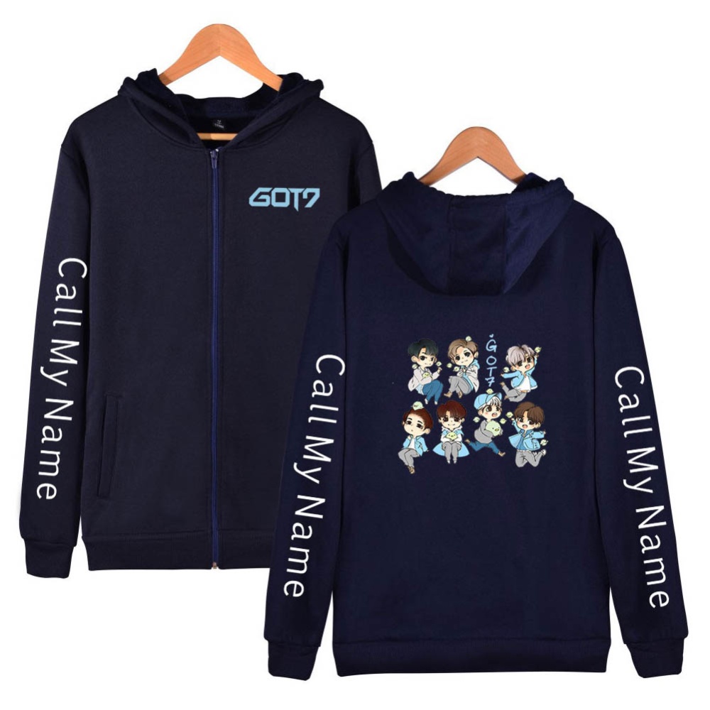 Zippered Casual Hoodie with Cartoon GOT7 Pattern Printed Leisure Top Cardigan for Man and Woman Navy C_XXXL - Image 2