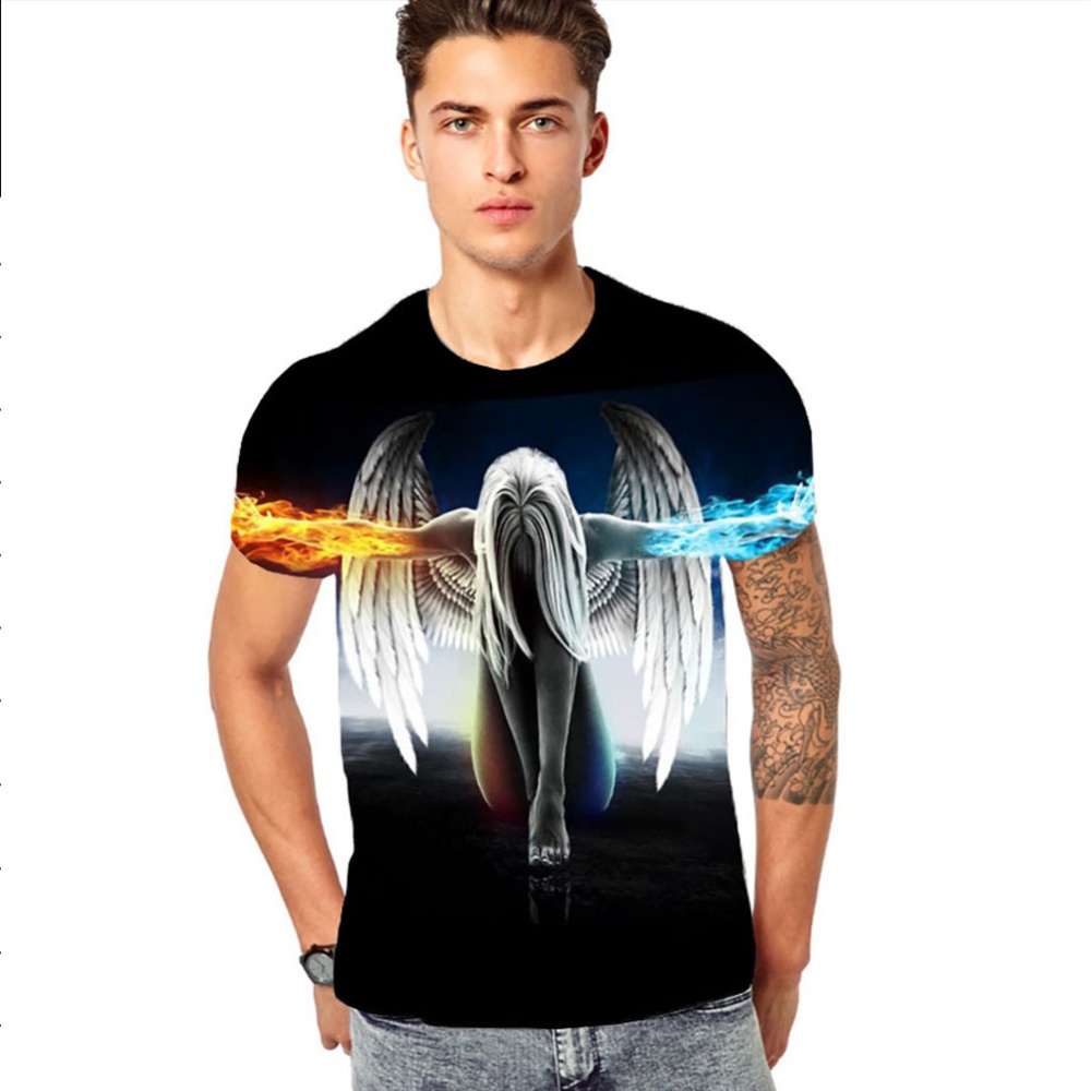 Men Women Fashion 3D Angel Printing Casual Short Sleeve T-shirt Photo Color_S