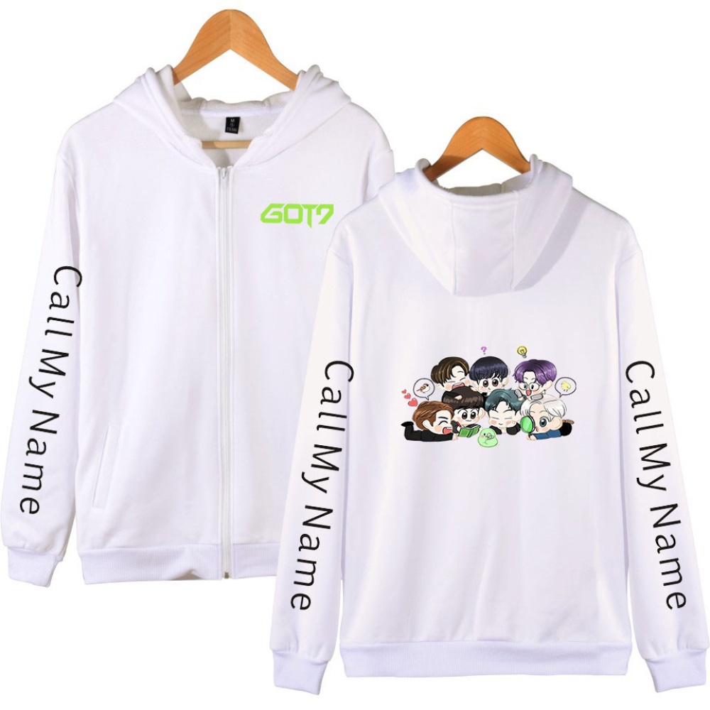 Zippered Casual Hoodie with Cartoon GOT7 Pattern Printed Leisure Top Cardigan for Man and Woman Black D_L - Image 3