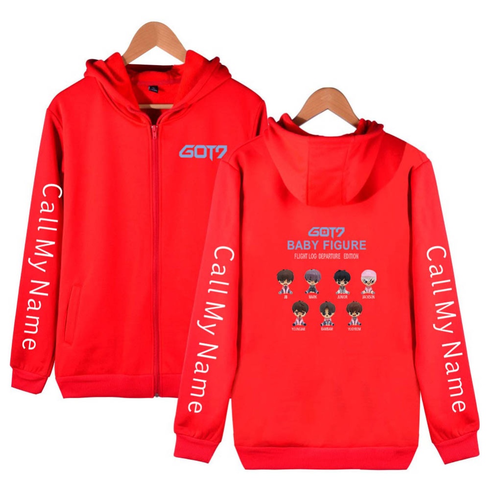 Zippered Casual Hoodie with Cartoon GOT7 Pattern Printed Leisure Top Cardigan for Man and Woman Red B_M - Image 3