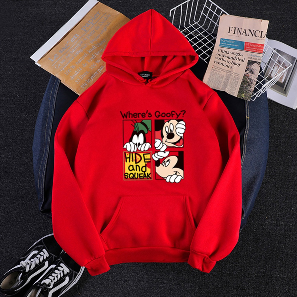 Men Women Hoodie Sweatshirt Micky Mouse Cartoon Thicken Autumn Winter Loose Pullover Red_M
