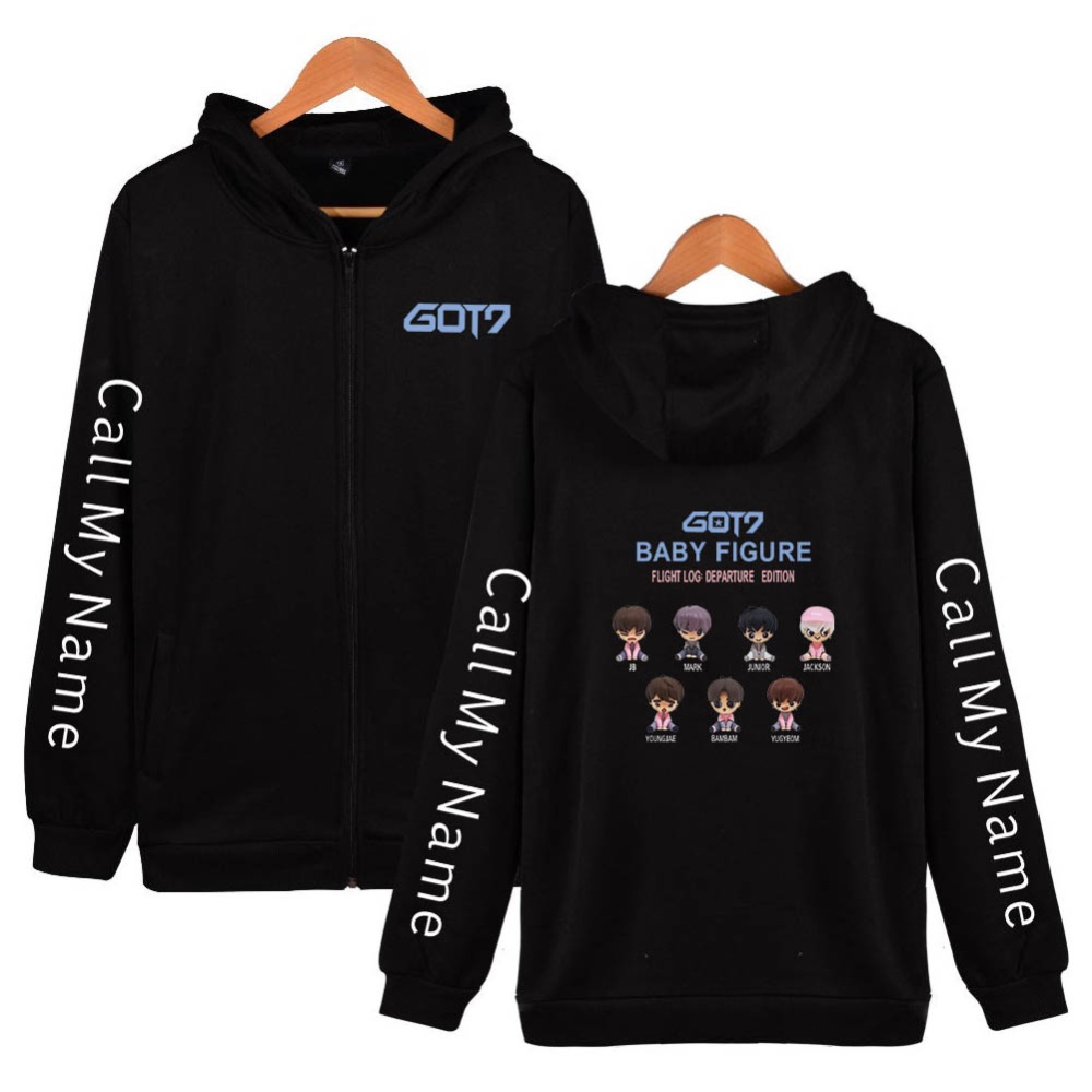 Zippered Casual Hoodie with Cartoon GOT7 Pattern Printed Leisure Top Cardigan for Man and Woman Black B_XXXL - Image 3