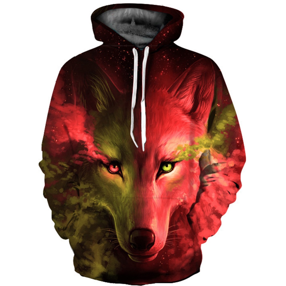 Men Women 3D Wolf Pattern Printing Hooded Sweatshirt Two-color wolf red_M