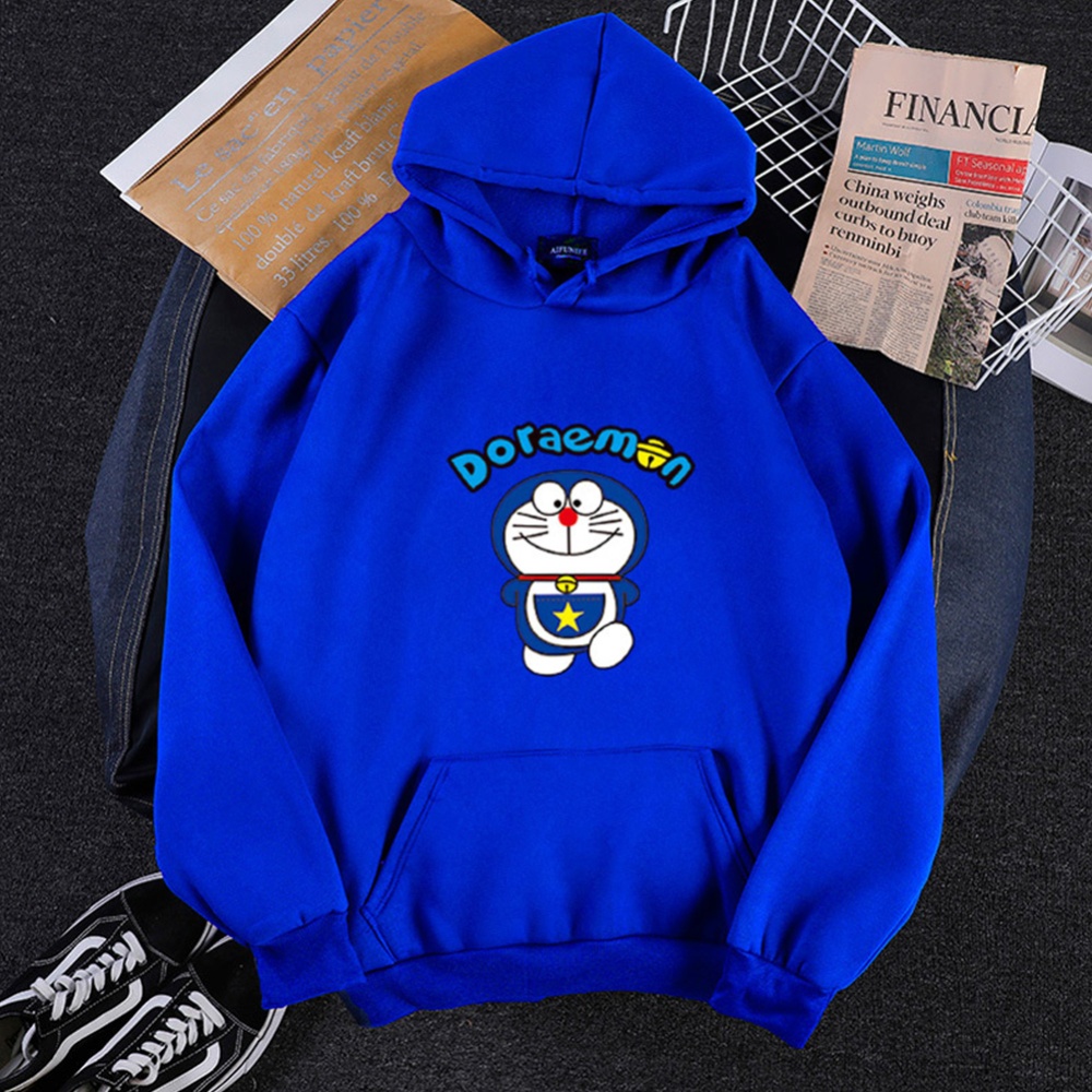 Men Women Hoodie Sweatshirt Cartoon Doraemon Thicken Loose Autumn Winter Pullover Tops Blue_M