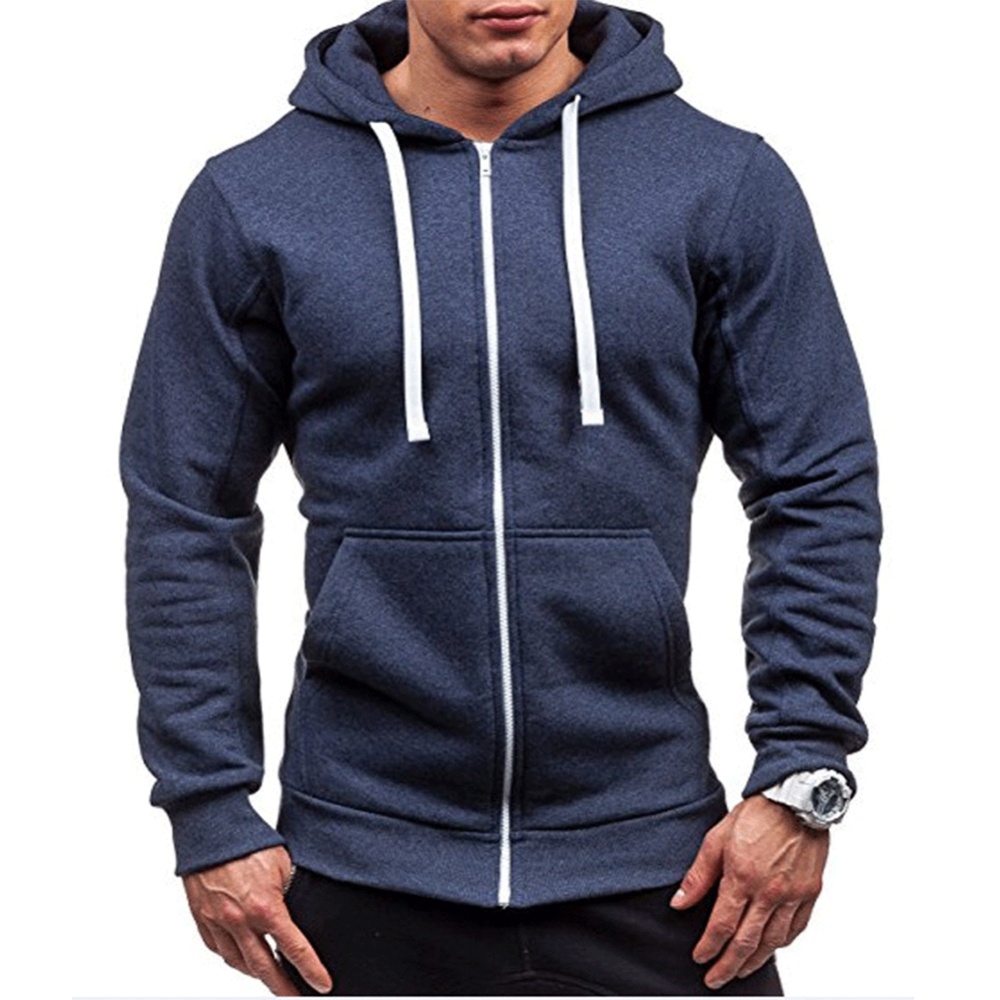Men Warm Solid Color Zipper Slim Fleeced Hooded Sweatshirt Navy_XL--