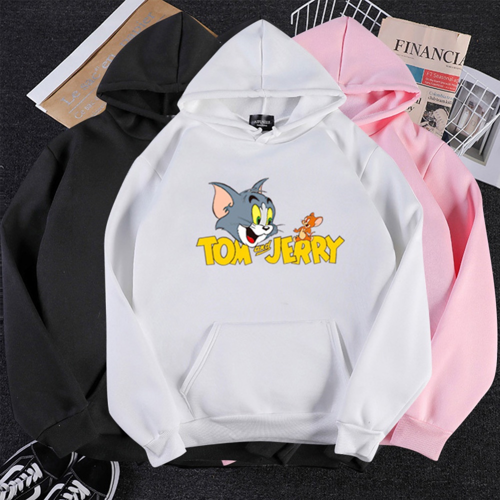 Men Women Hoodie Sweatshirt Tom and Jerry Thicken Velvet Loose Autumn Winter Pullover Tops White_S - Image 2