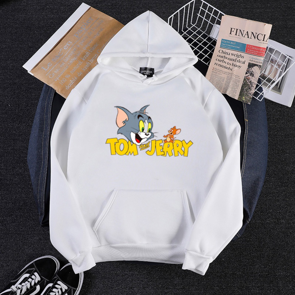 Men Women Hoodie Sweatshirt Tom and Jerry Thicken Velvet Loose Autumn Winter Pullover Tops White_S - Image 3