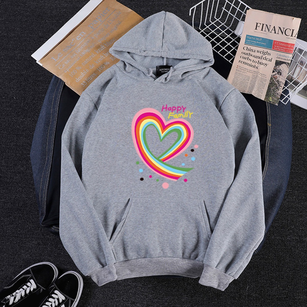 Men Women Hoodie Sweatshirt Happy Family Heart Thicken Loose Autumn Winter Pullover Tops Gray_S - Image 3