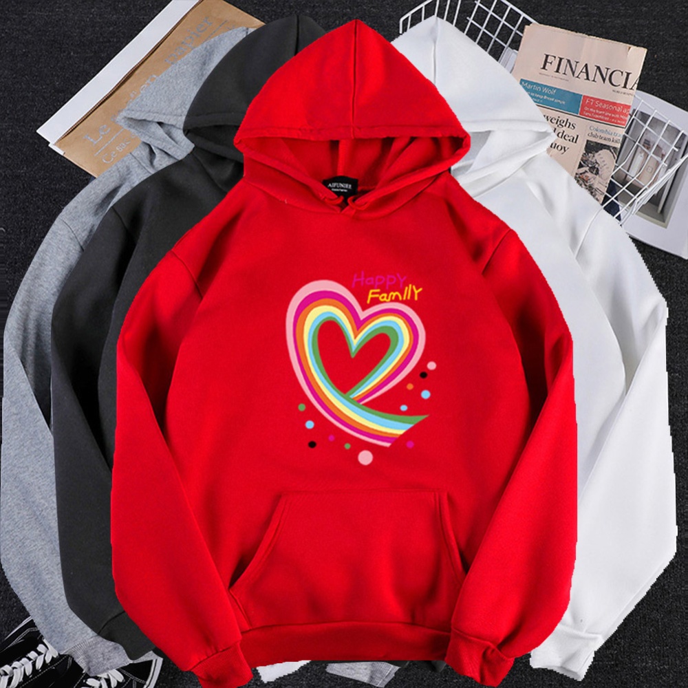 Men Women Hoodie Sweatshirt Happy Family Heart Thicken Loose Autumn Winter Pullover Tops Gray_S - Image 2