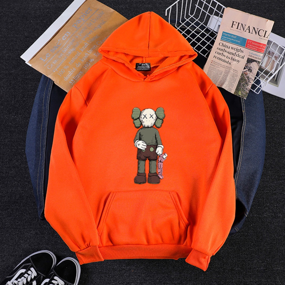 Men Women Hoodie Sweatshirt KAWS Cartoon Standing Doll Thicken Autumn Winter Loose Pullover Orange_M