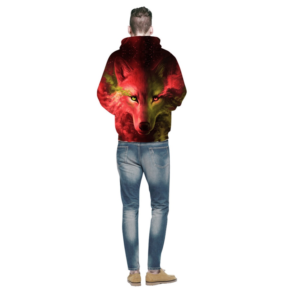 Men Women 3D Wolf Pattern Printing Hooded Sweatshirt Two-color wolf red_2XL - Image 3