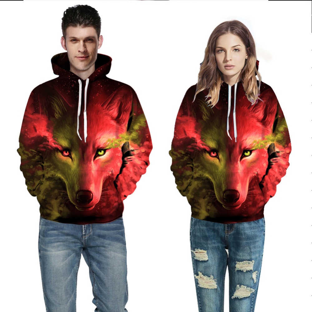 Men Women 3D Wolf Pattern Printing Hooded Sweatshirt Two-color wolf red_2XL - Image 2