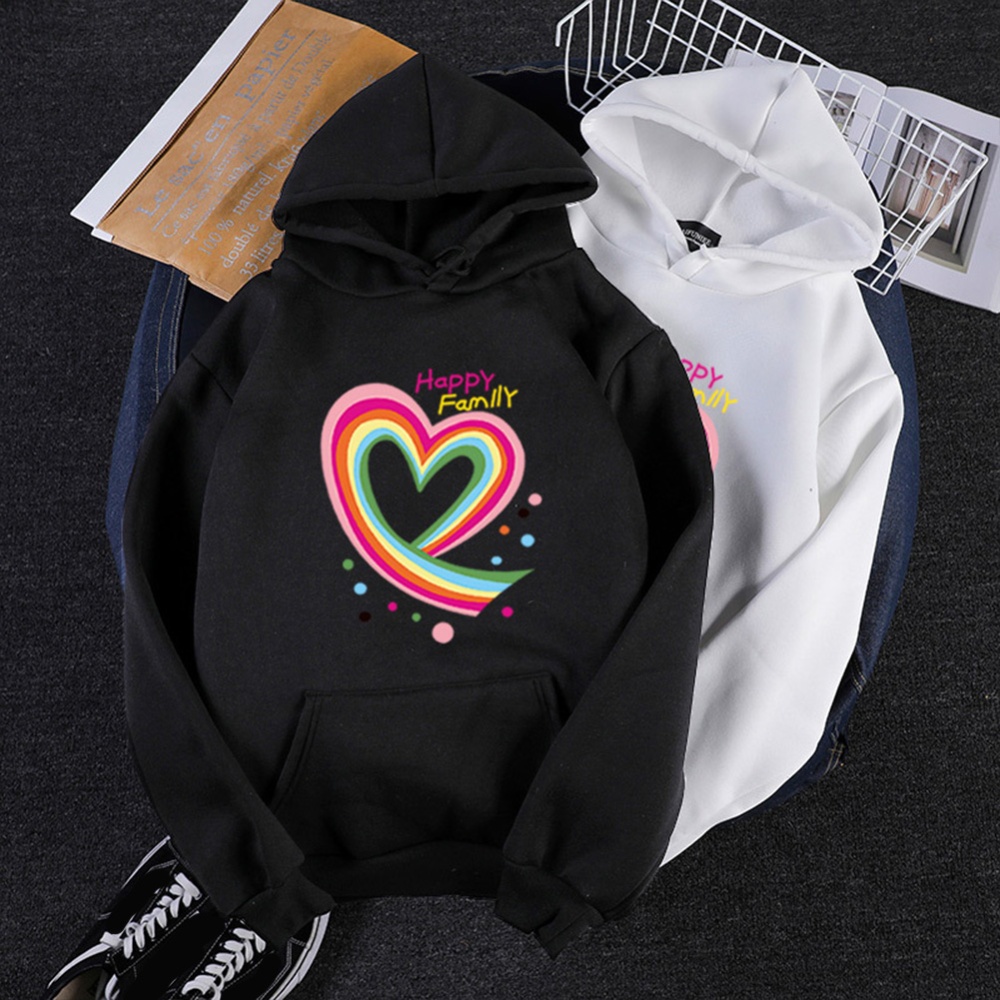 Men Women Hoodie Sweatshirt Happy Family Heart Thicken Loose Autumn Winter Pullover Tops Black_L - Image 2