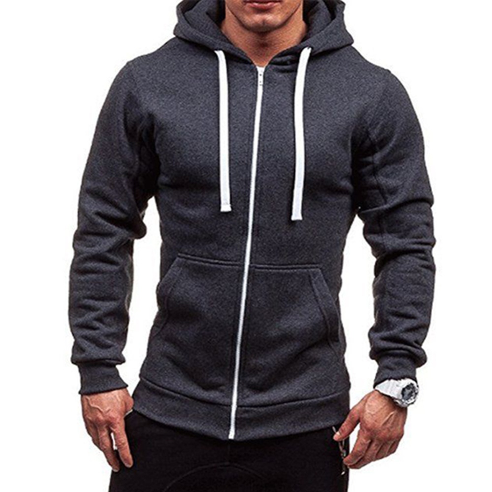 Men Warm Solid Color Zipper Slim Fleeced Hooded Sweatshirt Dark gray_L