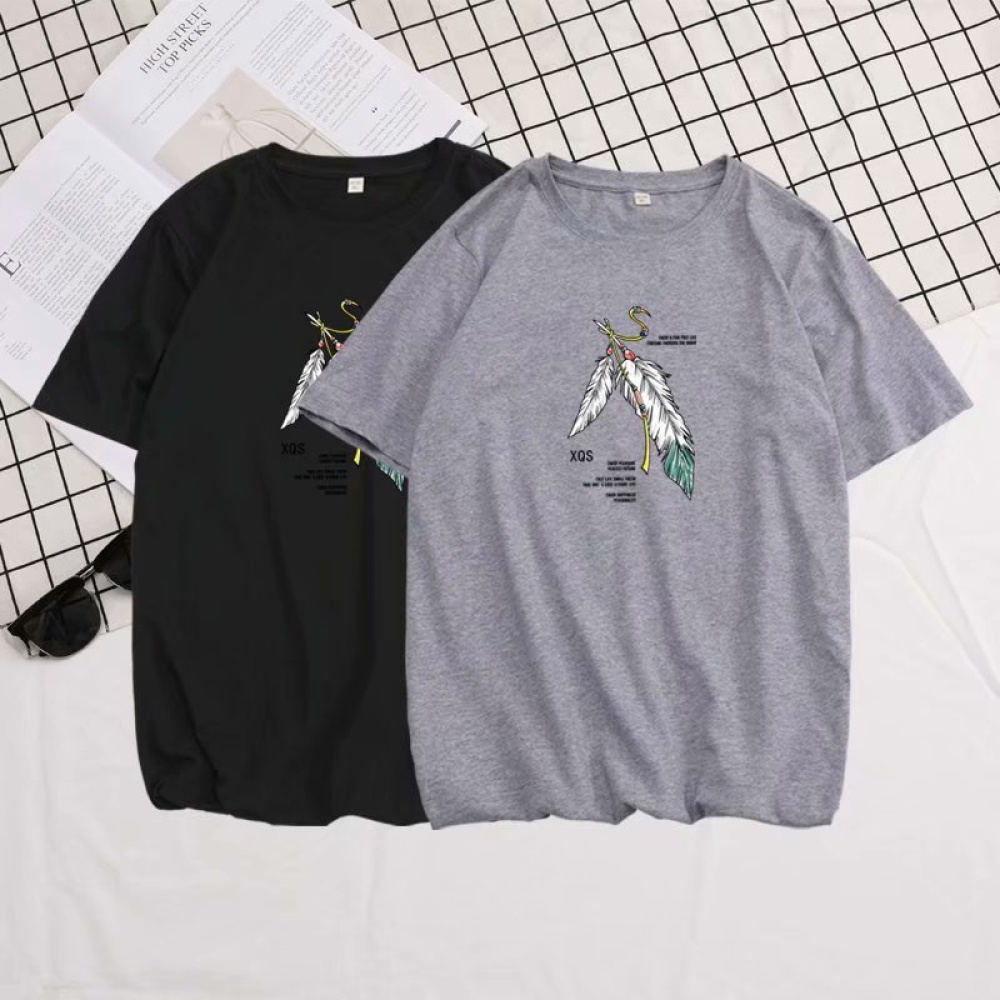 Short Sleeves and Round Neck Shirt with Feather Printed Leisure Top Pullover for Man 658 gray_M - Image 2