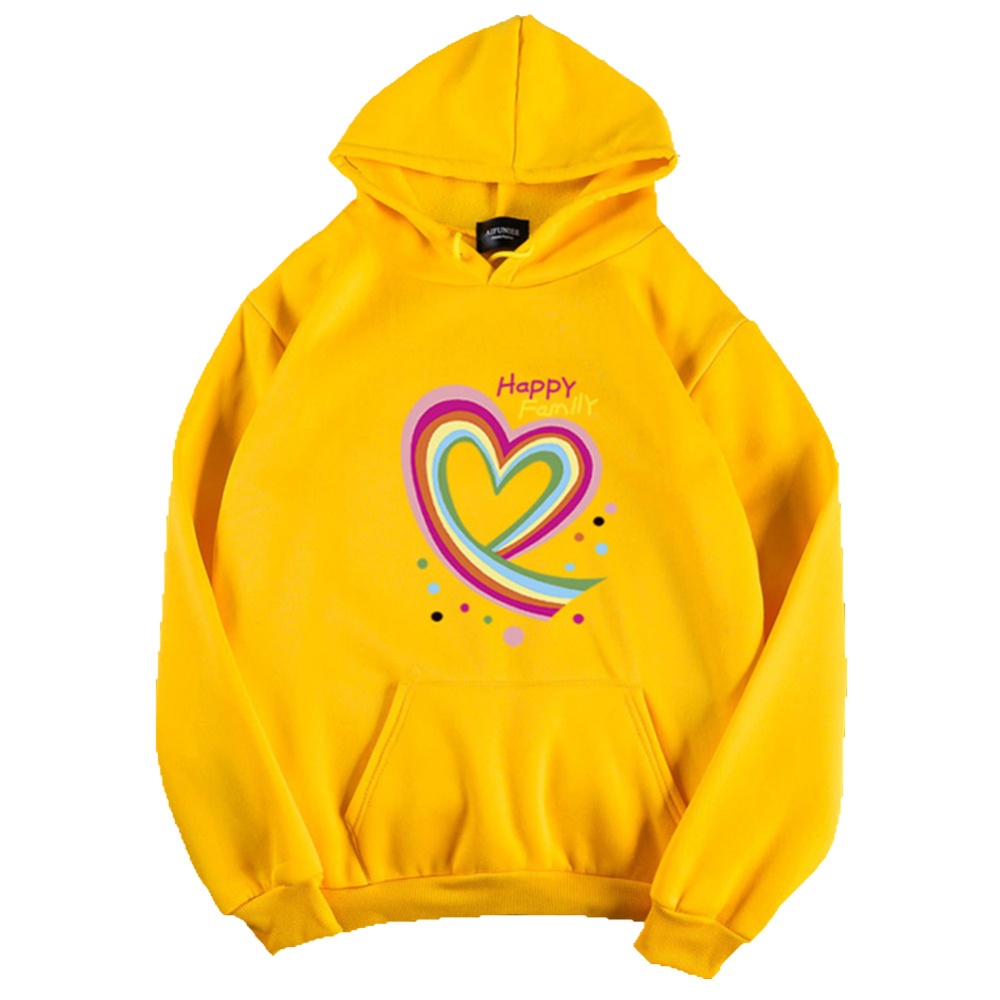 Men Women Hoodie Sweatshirt Happy Family Heart Thicken Autumn Winter Loose Pullover Tops Yellow_L - Image 2