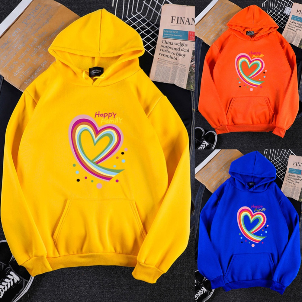 Men Women Hoodie Sweatshirt Happy Family Heart Thicken Autumn Winter Loose Pullover Tops Yellow_M - Image 3