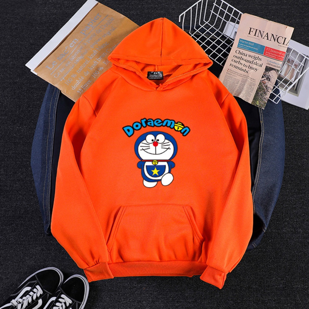 Men Women Hoodie Sweatshirt Cartoon Doraemon Thicken Loose Autumn Winter Pullover Tops Orange_S